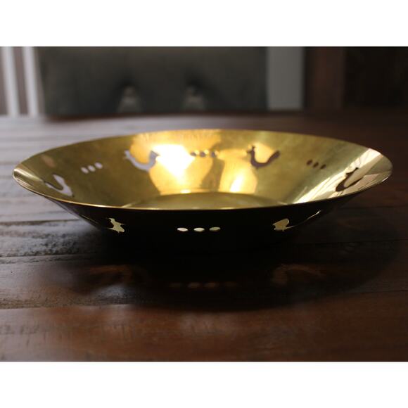 Vintage Round Brass Bowl with Cutout Rooster Chicken Design 11" Fruit Farmhouse - Picture 4 of 7
